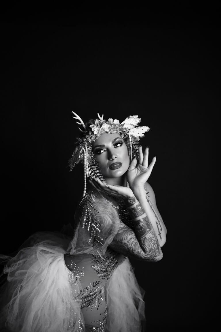 pearl creative a woman in a garment in black and white